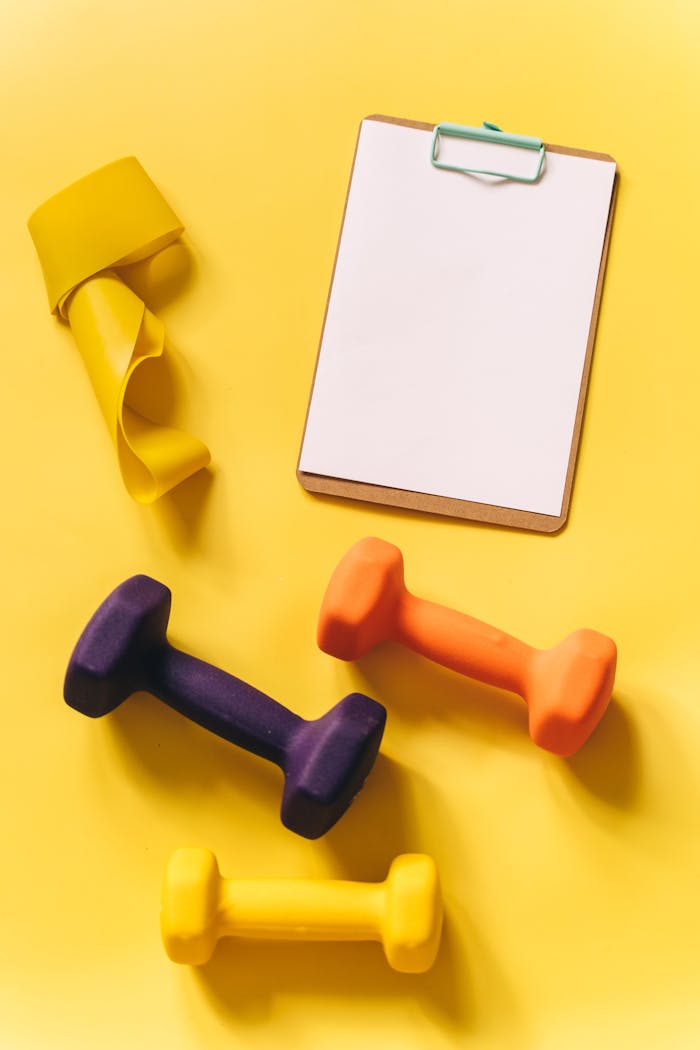 services-02 Vibrant fitness gear including dumbbells and a clipboard on a yellow backdrop.
